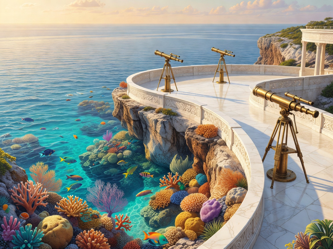 Beautiful Caribbean coastal research terrace with coral reefs, crystal-clear water, observation telescopes, elegant pathways and premium ocean atmosphere.