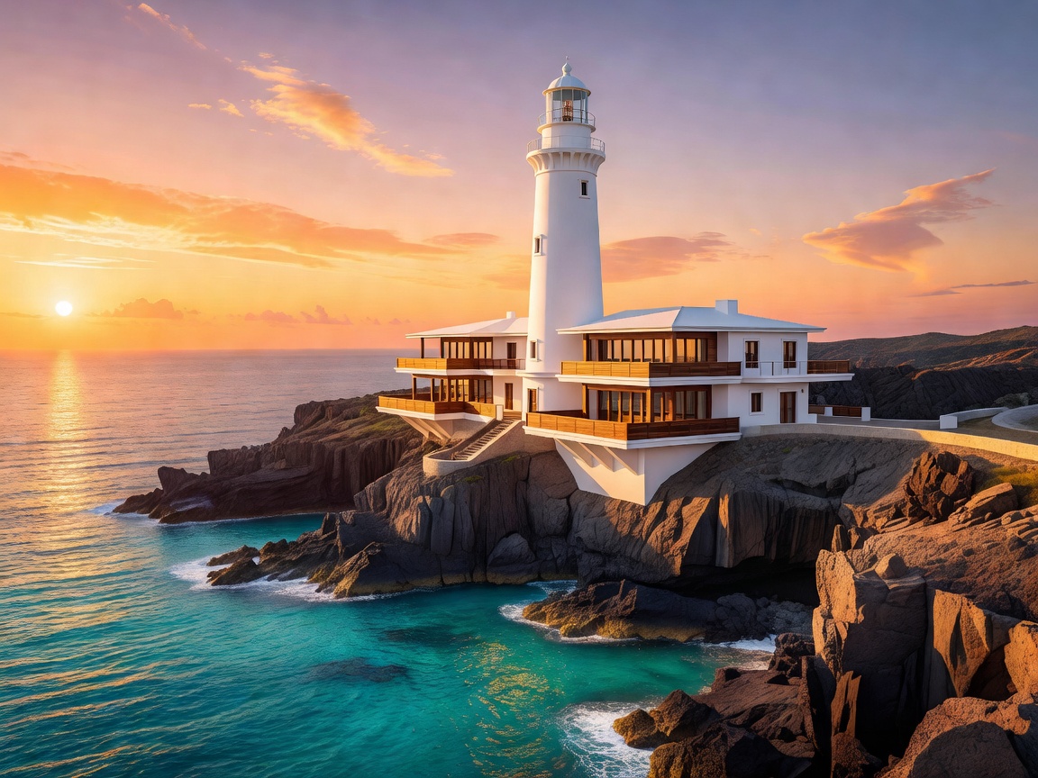 Elegant white lighthouse overlooking dramatic Caribbean cliffs with turquoise sea, golden sunset, luxury architecture and panoramic observation decks.