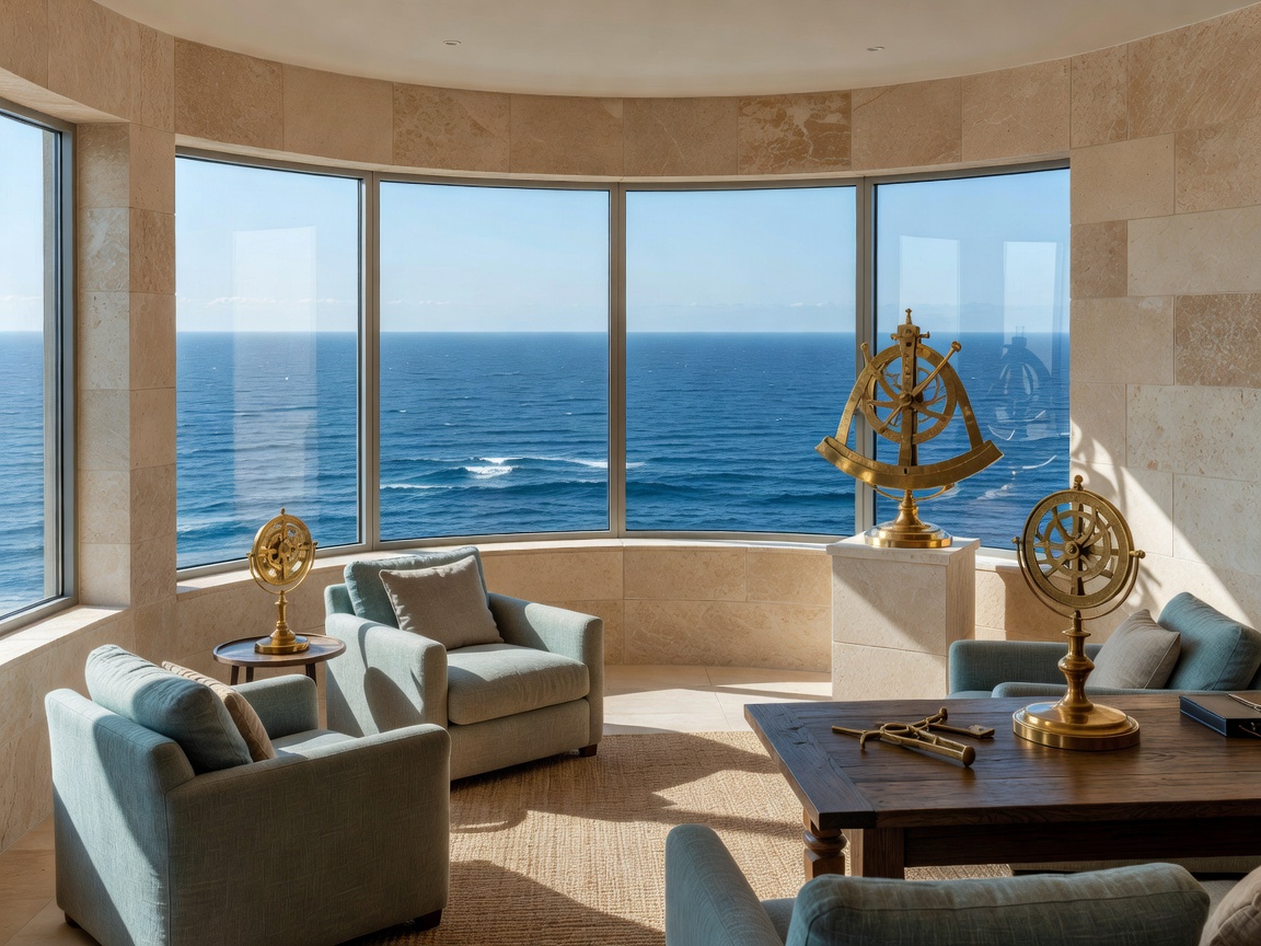Modern marine observatory interior featuring brass navigation instruments, panoramic ocean windows, limestone walls and sophisticated coastal design.